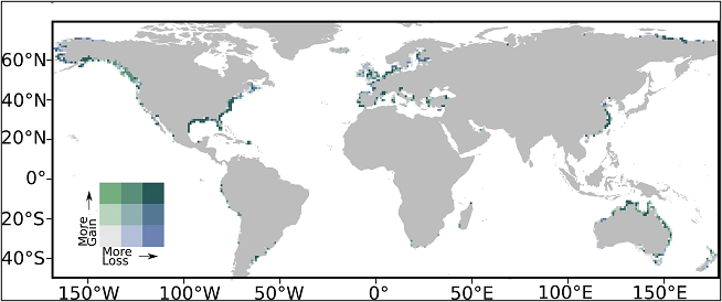 Global salt marsh change represented in a bivariate color scheme.