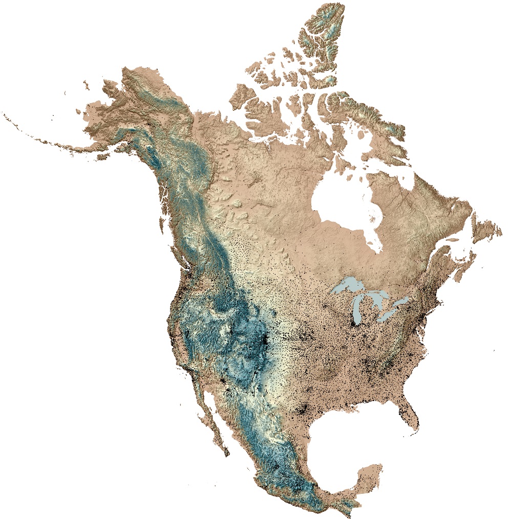 Input weather stations are mapped onto a DEM across North America.