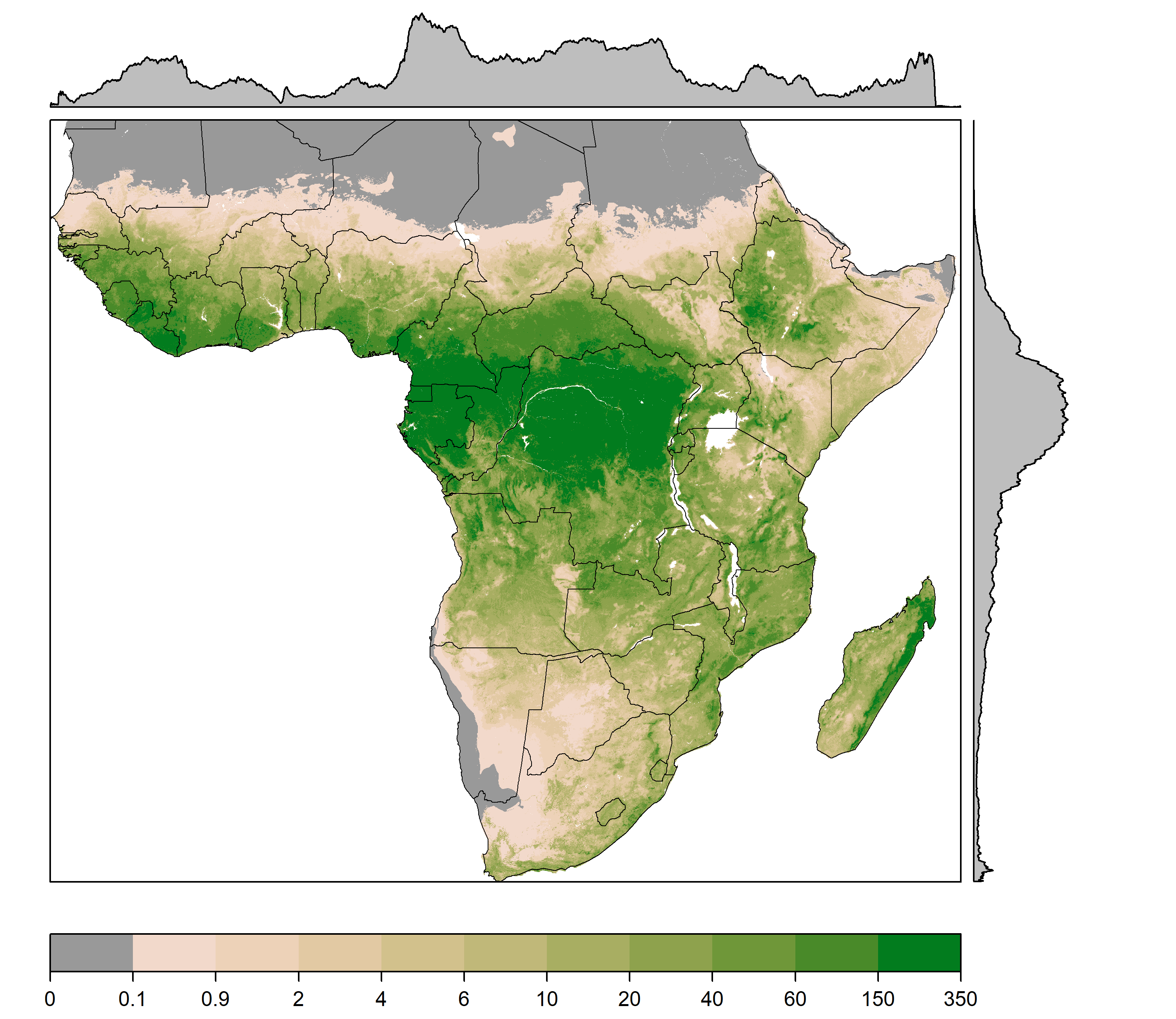 Map of sub-Saharan Africa estimates of woody biomass.