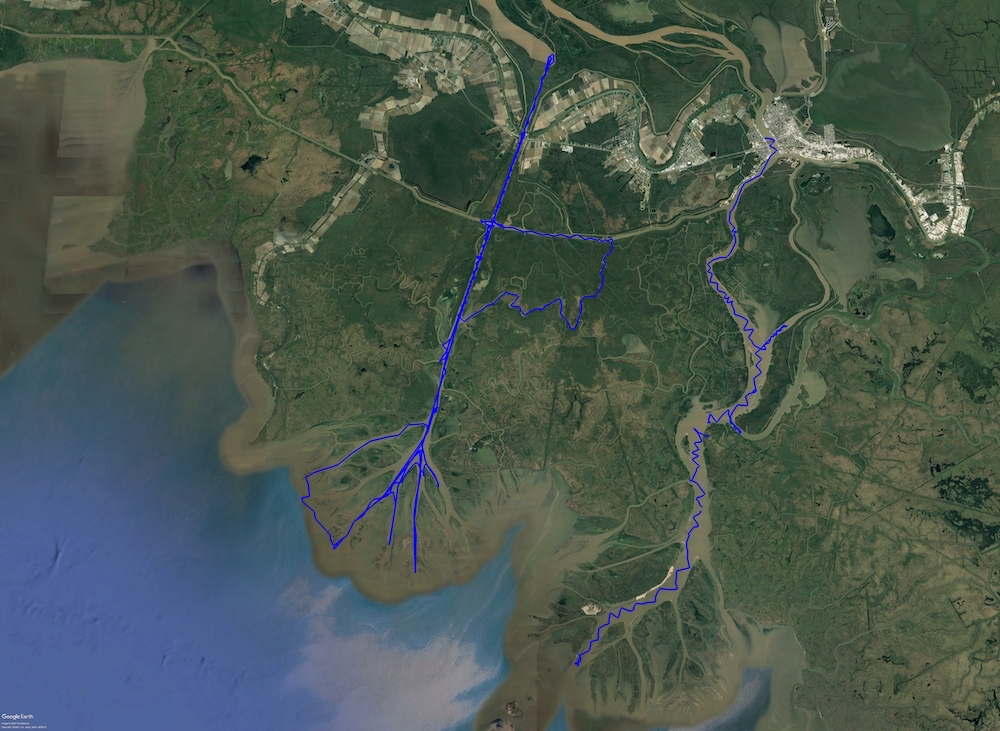 Map showing survey areas in the main channels of the Atchafalaya and Wax Lake Deltas.