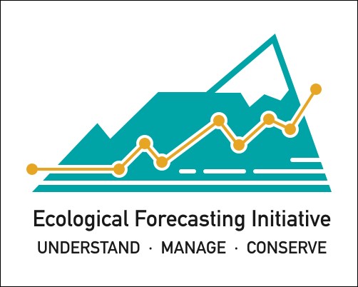Logo of the Ecological Forecasting Initiative. A mountain on a plain background, a yellow line of data points in front of it with the words Ecological Forecasting Initiative: understand, manage, and conserve underneath.
