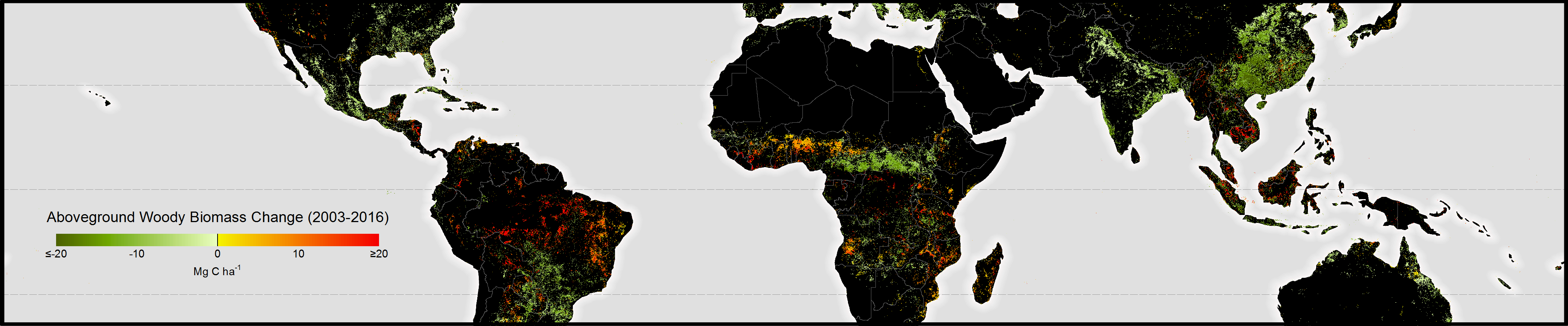 Pantropical aboveground biomass density change from 2003 to 2016. Data have been aggregated to ca. 5 km resolution for illustration