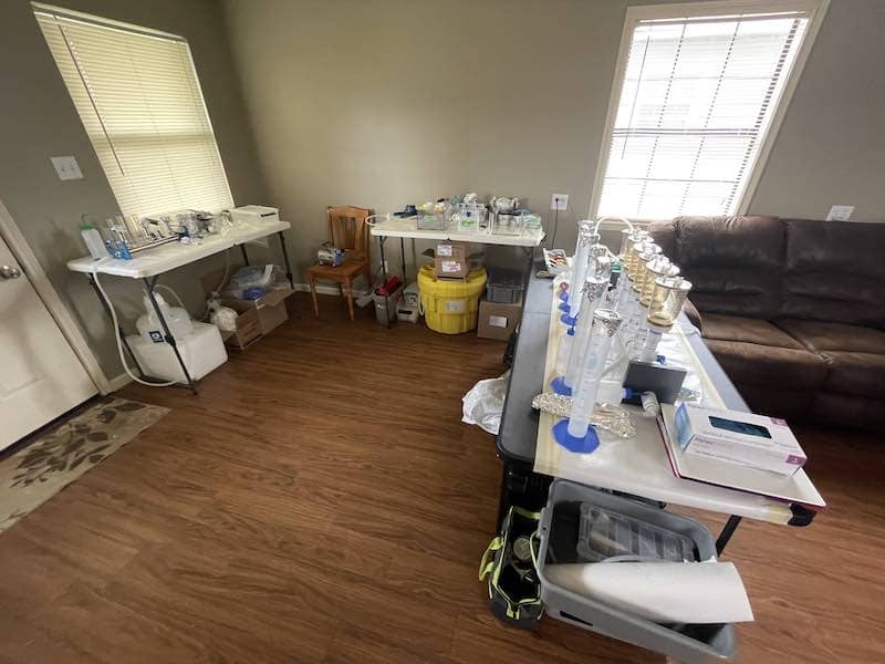 Water filtering lab set up inside the cabin