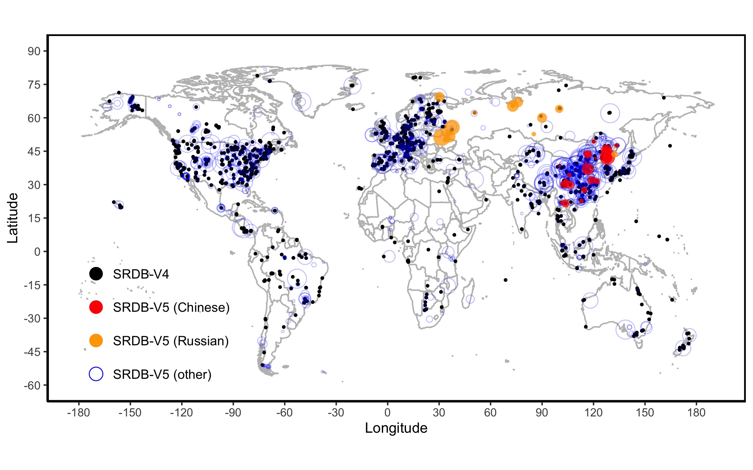 Locations of SRDB V5 observations combining pre-existing observations from V4, as well as new observations from Russian, Chinese, and literature from other languages, primarily published in English. The size of circles represents the sample size at each site, where larger circles signify more data.