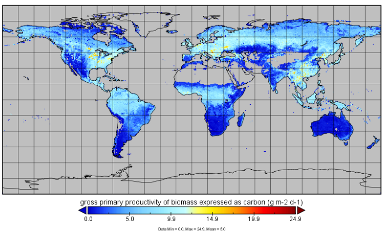 Gross primary production expressed as carbon (g m-2 d-1) for July 1st, 2019.