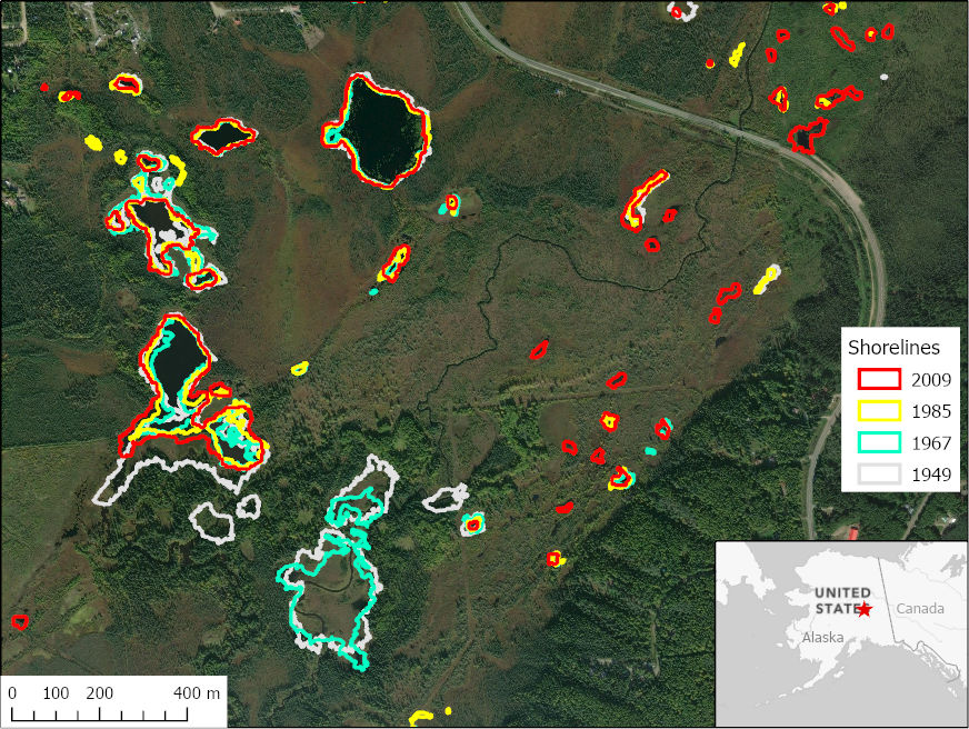 Shorelines of lakes northwest of Fairbanks, AK, over a 60 year period mapped from aerial photographs and satellite imagery.