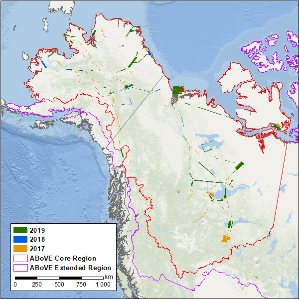 ABoVE flight paths of the AVIRIS-NG instrument during 2017, 2018 and 2019.