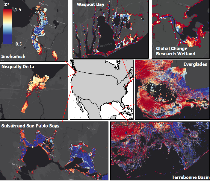 Relative tidal elevation (Z*) maps representing diverse locations spanning the Contiguous United States.