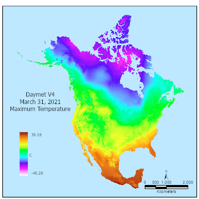 Daymet V4 maximum daily temperature shown for March 31, 2021.