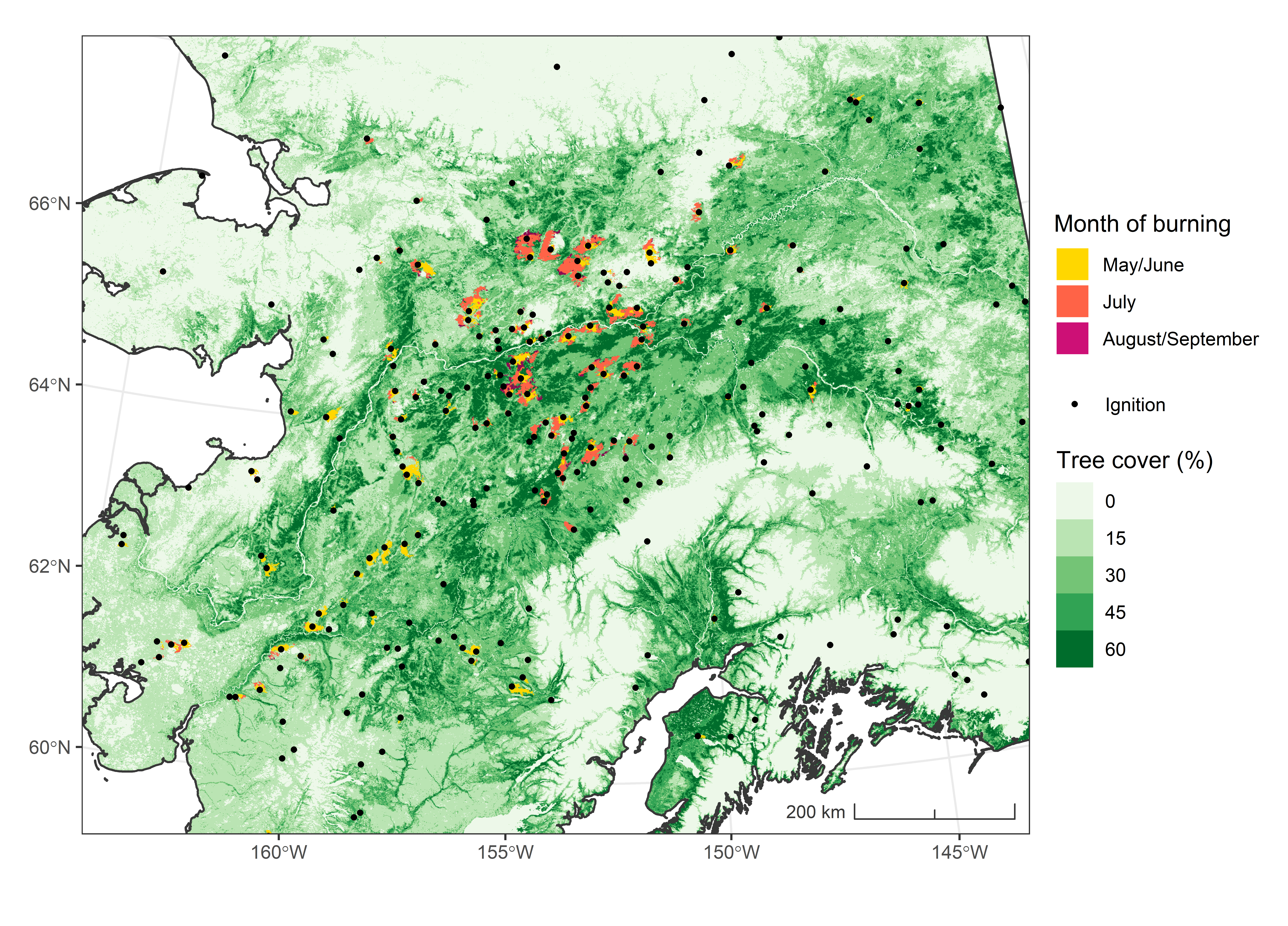 Ignition locations and burned area for Interior Alaska in 2015.