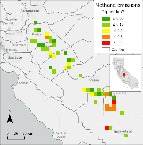 Total methane emissions from dairy farms in the central valley of California, USA, in 2019.