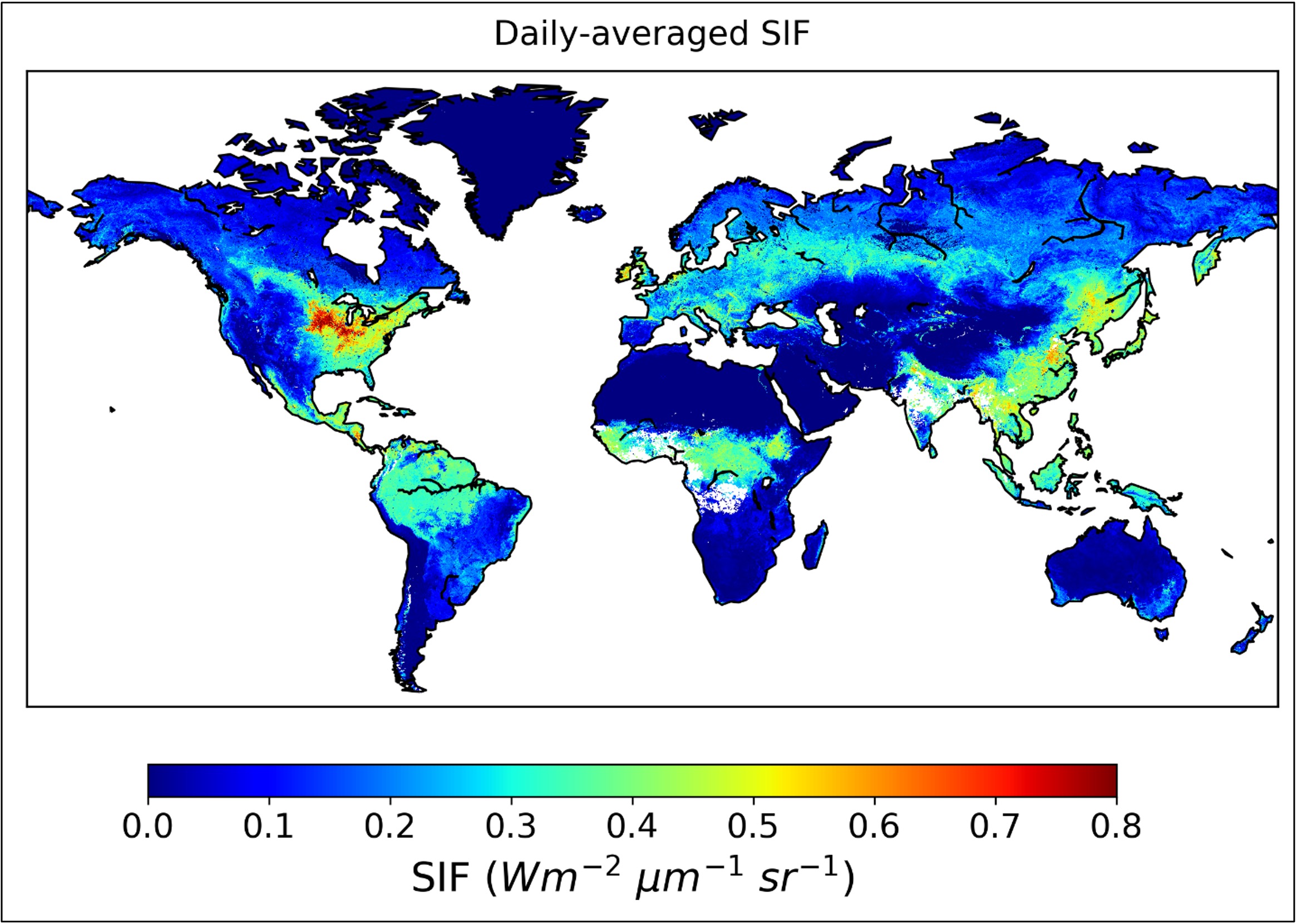 Predicted spatially contiguous SIF in the first half of August 2015. 