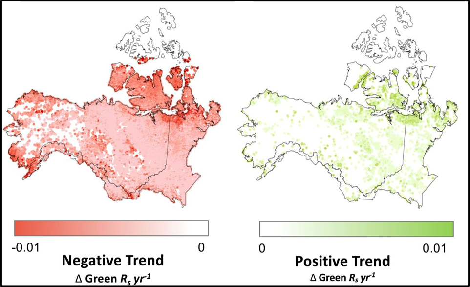 Trends in "greenness" of lake surface reflectance.