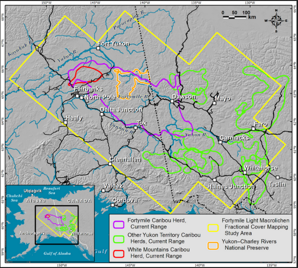 Map of eastern Alaska and Yukon showing Fortymile Study Area footprint and included caribou herd range boundaries.