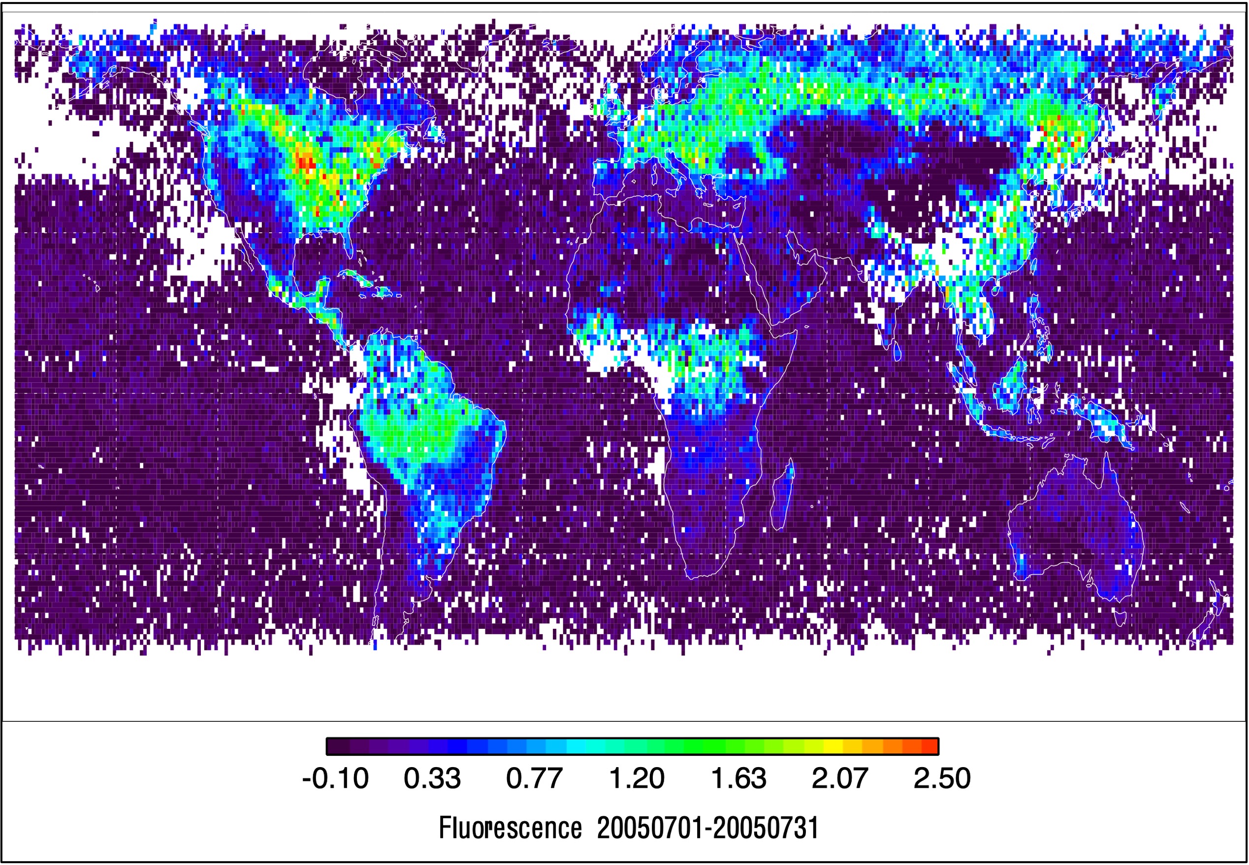 Gridded SIF estimates derived from this current L2 SCIAMACHY SIF dataset at 1-degree resolution for July, 2005.