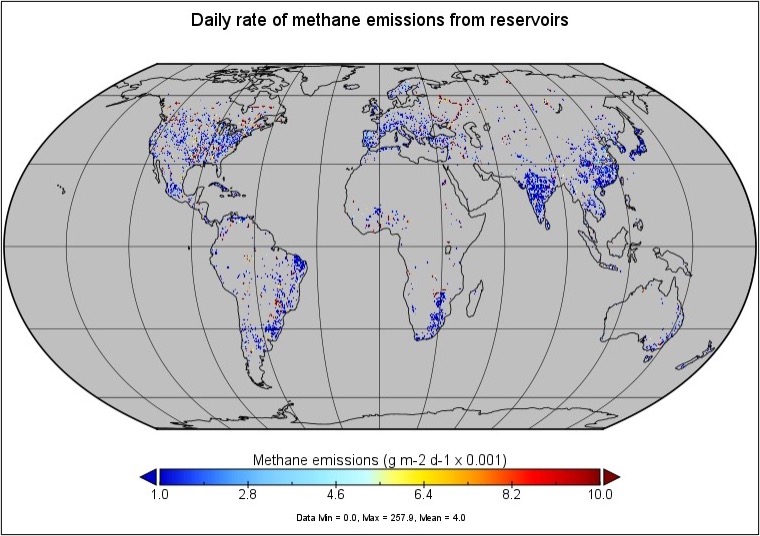Estimated rate of methane emissions from inland reservoirs for July 15.
