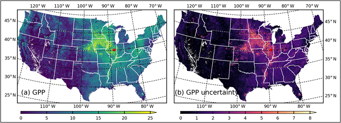 Spatial distribution of (a) GPP (gC m2/d) and (b) GPP uncertainty (gC m2/d) across the CONUS at 250-m resolution for 10 July 2020.
