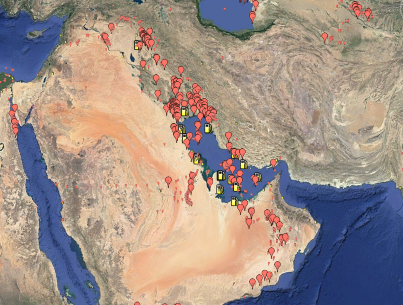  Representation of gas flares recorded over the Persian Gulf in 2019 by Earth Observation Group's Global Gas Flare Survey.