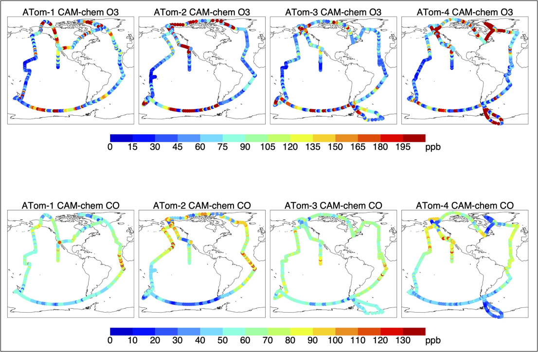 CAM-chem simulated concentrations of ozone (O3) and carbon monoxide (CO) along ATom flight tracks.