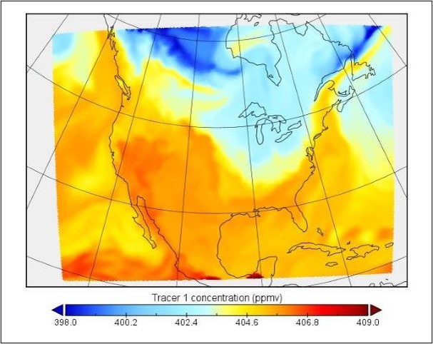 Simulated tracer 1 concentrations (ppmv) in vertical level 5 on 2016-06-29 at 12:00 pm. Output from WRF-Chem (v. 3.6.1) model.