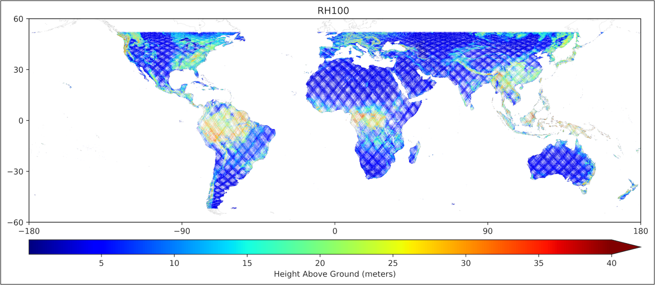 Level 3 estimated canopy height in meters derived from the Level 2 profile metric RH100 between the 19th and the 122nd mission week.