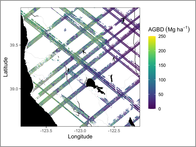 Example subset of aboveground biomass density (AGBD; Mg ha-1) predictions from the GEDI Level-4A footprint product over Northern California, U.S., spanning April to July 2019