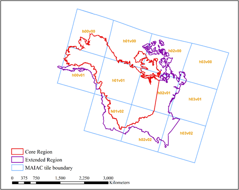 Color-coded MAIAC tiles (blue squares with yellow labels) with ABoVE boundaries superimposed over it. ABoVE core in a red outline and extended in purple.