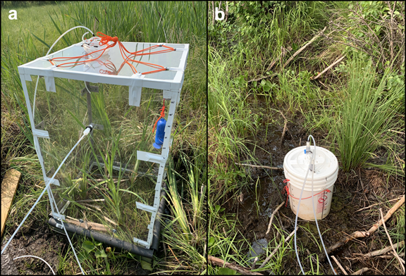 Left- Large chamber resting on the pre-installed aluminum collar, sealed on edges with pipe insulation. Right- Five-gallon (18.9-liter) bucket with an open bottom and air-tight screw lid to measure hotspot flux locations.