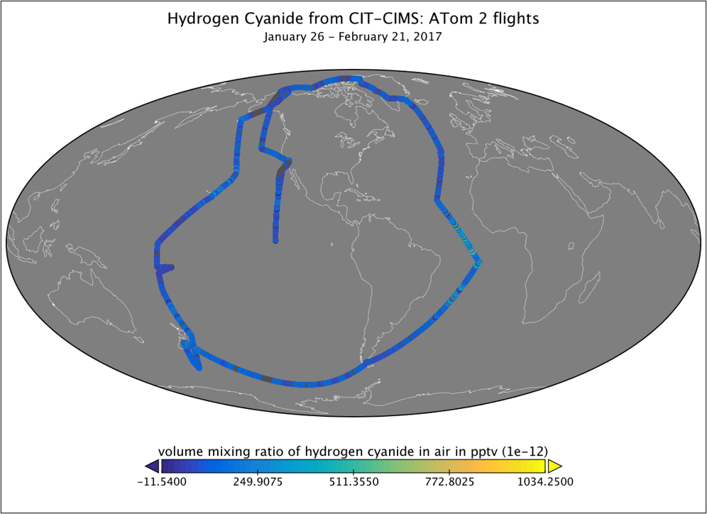 Measurements of Hydrogen Cyanide from the CIT-CIMS instrument collected during ATom-2 flights. 