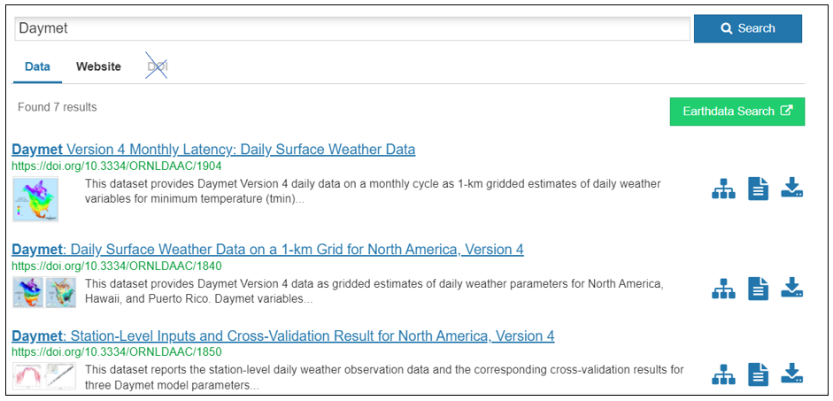 Daymet DOI Search Snapshot