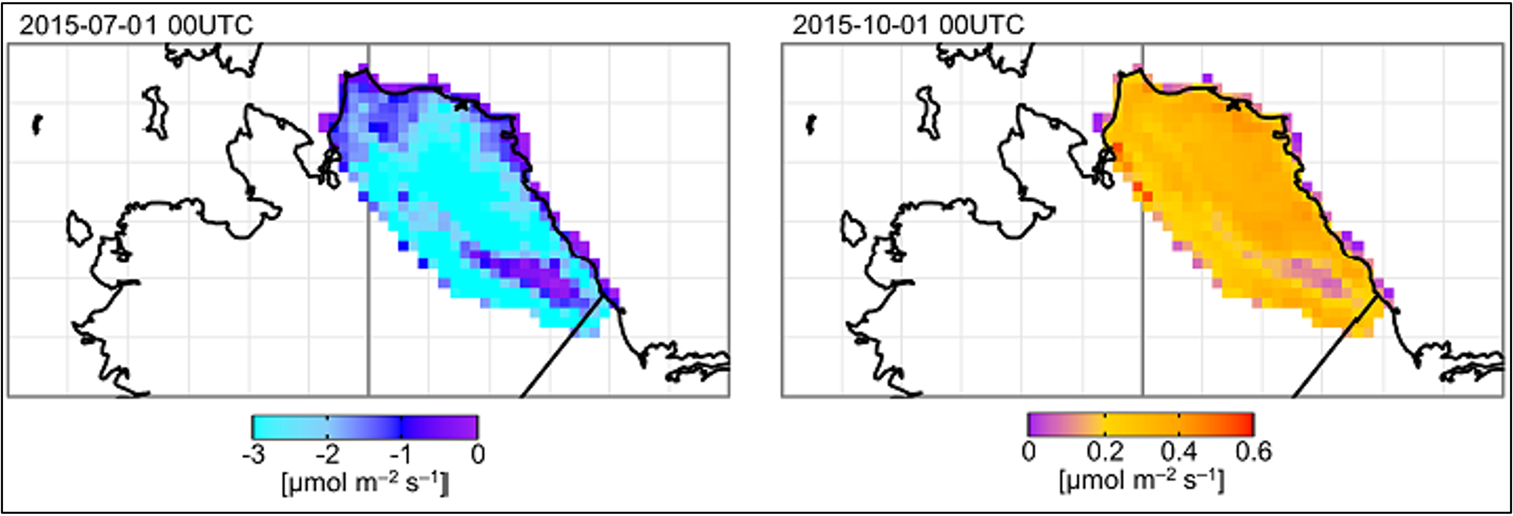 TVPRM net ecosystem exchange: Surface upward mass flux of carbon dioxide expressed as carbon due to emissions from natural sources for 2015-07-01 (left) and 2015-10-01 (right).