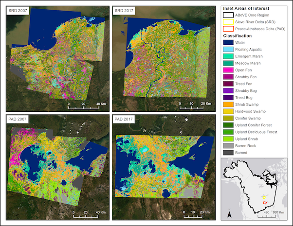 Classified wetland type maps for the Slave River Delta (SRD) and Peace-Athabasca Delta (PAD), Canada circa 2007 and circa 2017.