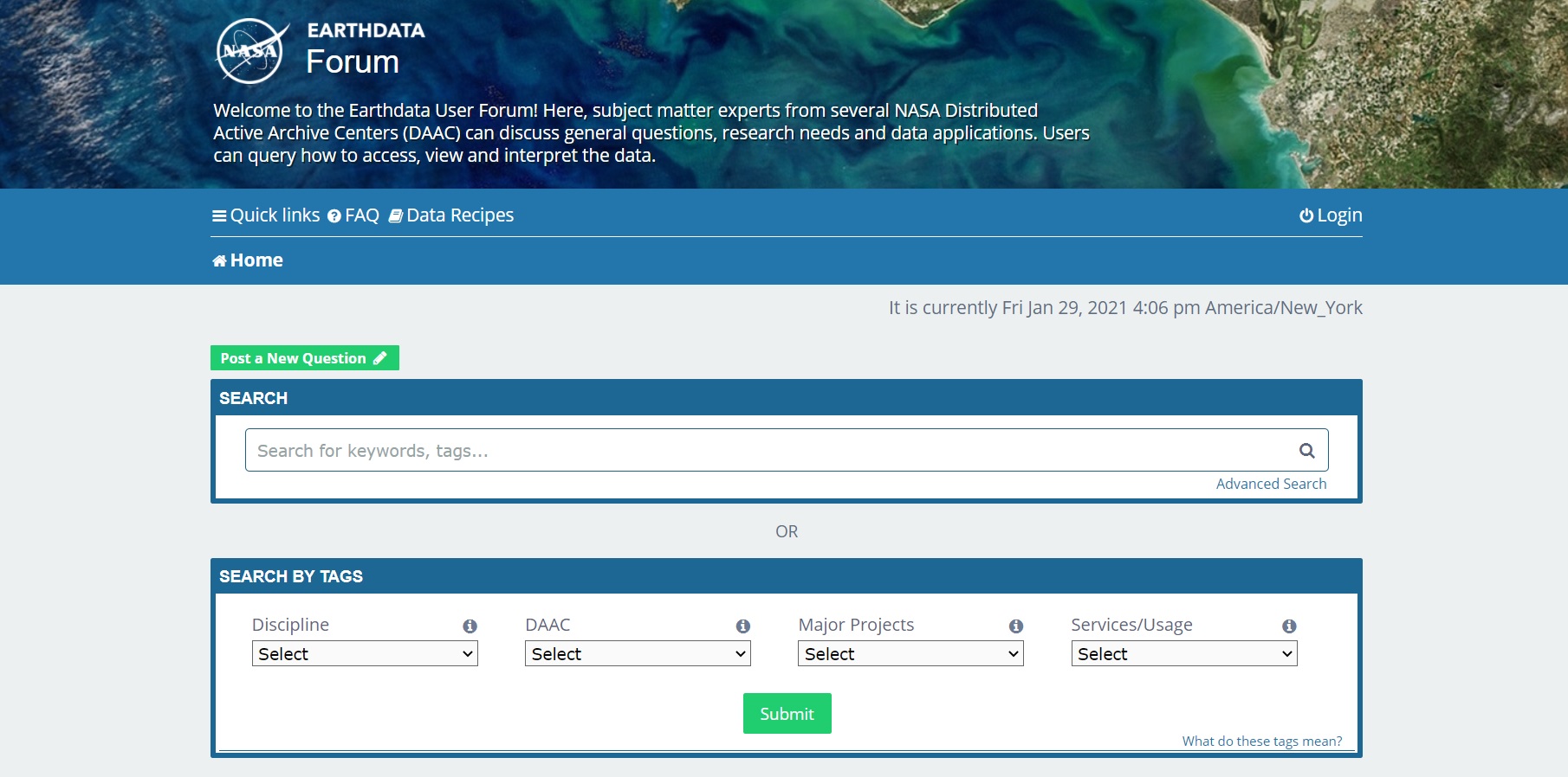 A screenshot of the NASA Earthdata Forum landing page.
