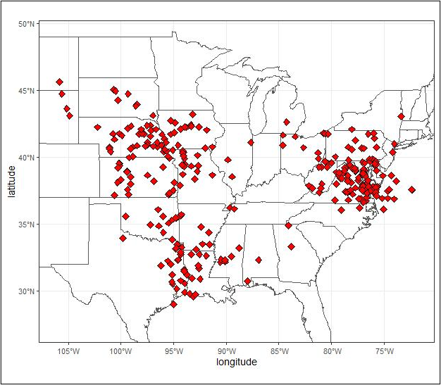 Locations of ACT-America flights collecting MFLL carbon dioxide (CO2) measurements over eastern and central U.S. in 2016-2018.