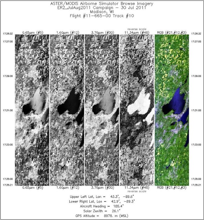 Single band images and an RGB composite image from flight track 10 acquired on 30 July 2011 over Madison, Wisconsin, U.S. Source: MASTERL1B_1166500_01_20110730_1520_1528_V01.jpg