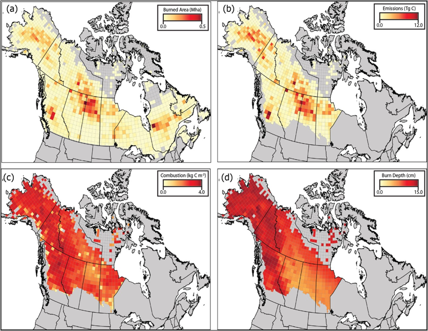Total burned area (a), total carbon emissions (b), mean combustion (c), and mean burn depth (d) between 2001-2019 aggregated to a 70 km grid. Note that burned area (a) covers all of Alaska and Canada whereas all other metrics cover the ABoVE extended domain.