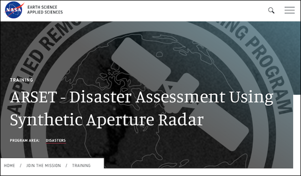 ARSET - Disaster Assessment Using Synthetic Aperture Radar webinar banner.
