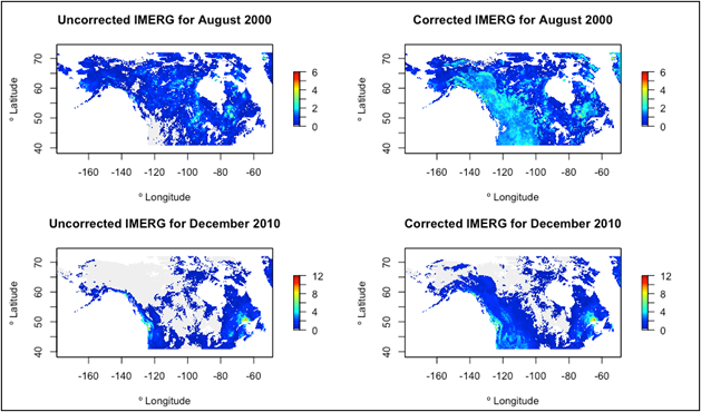 Two examples of uncorrected and corrected months Canada-Alaska domain. The correction is applied to pixels > 500 m, so the correction is seen primarily in mountainous areas. Figure from Lober et al. (in review).