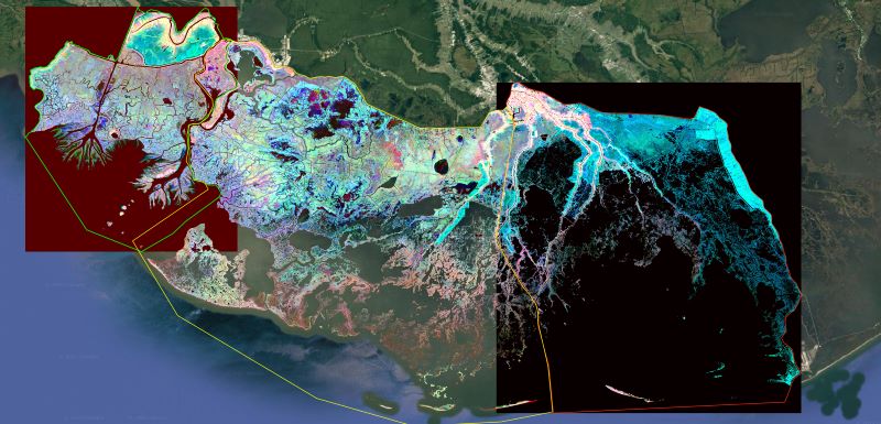 RGB composite image of the Atchafalaya and Terrebonne basins (R=Bathymetry, G=NIR of 1st quarter, B=NIR of 3rd quarter) highlighting the various ecological and geomorphological features of the landscape.