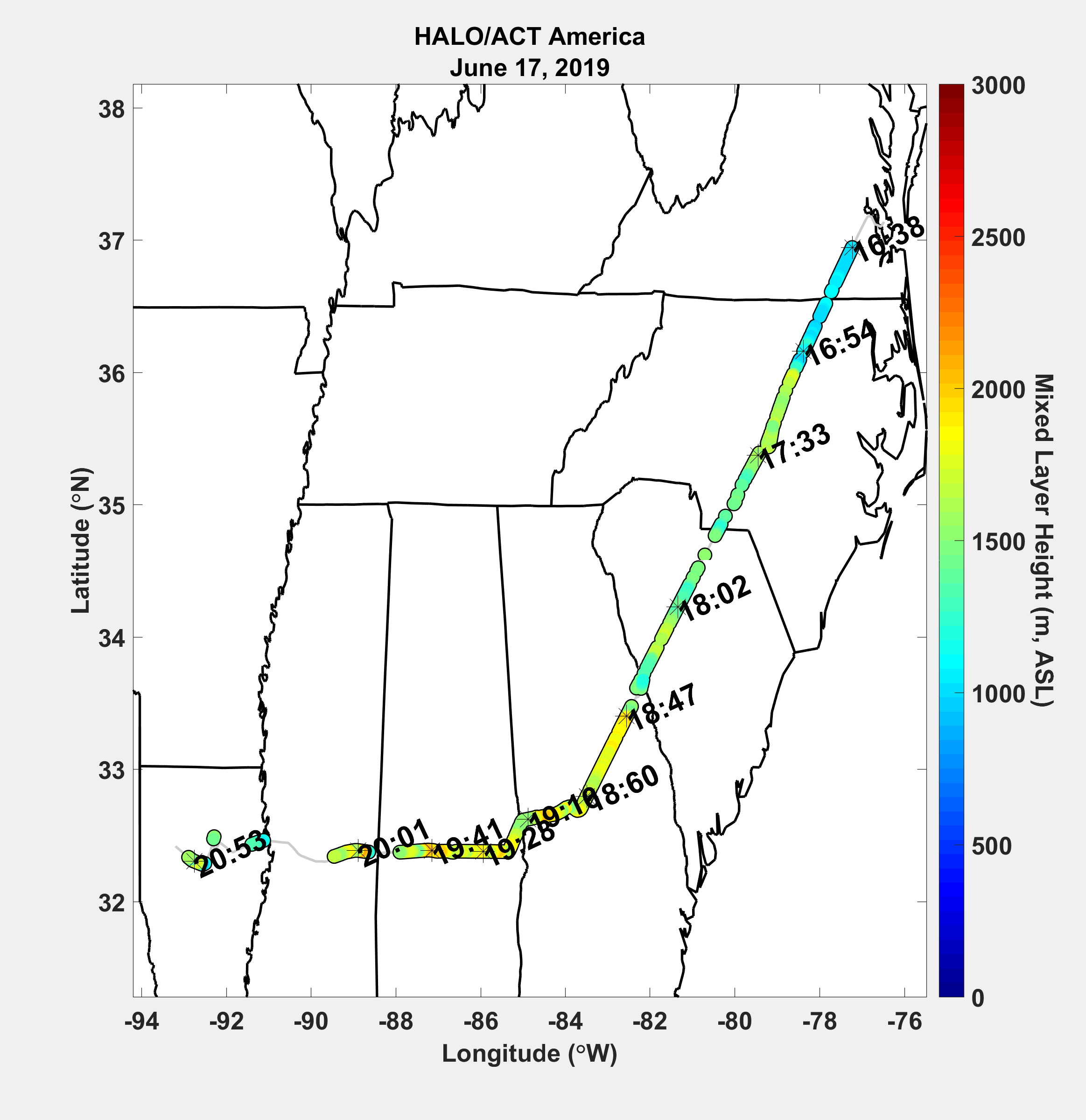 Map of mixing layer height across the sampling area. Source: 20190617_MixedLayerHeight_map.png