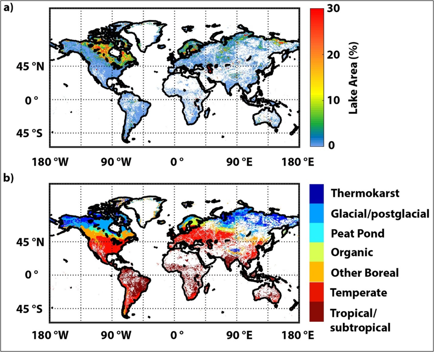 a) Lake area density (fraction of cell area) and b) ecoclimatic lake type classification. White space indicates cells with no lakes present.