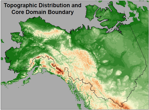 The topographic distribution and core domain boundary of the ABoVE study area (image is from Liston and Reinking, 2022).