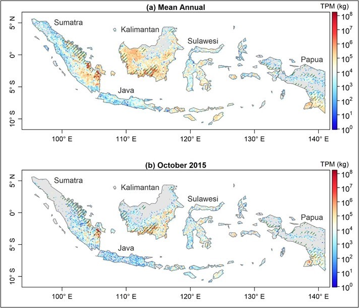 Spatial patterns of the (a) mean annual total particulate matter (TPM) from fire emissions during fire seasons from 2015 to 2020 and (b) TPM from fire emissions in October 2015 across Indonesia. Areas marked with green lines represent peatland areas. Source: Lu et al. (2022).