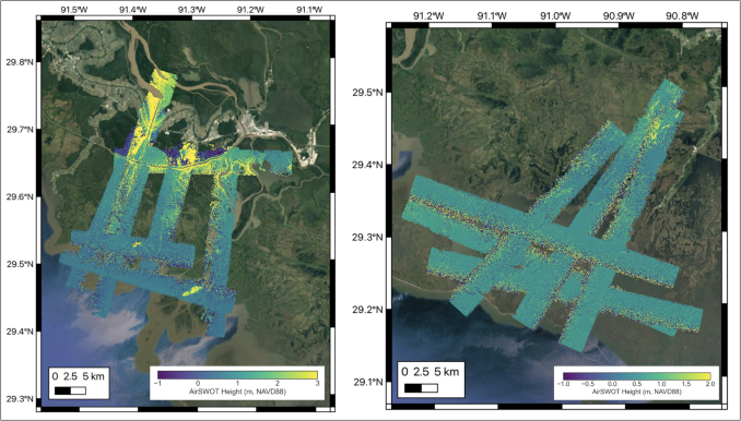 AirSWOT L2 geocoded UTM height maps collected on April 1, 2021 over the Atchafalaya Basin (left), and April 5, 2021 over the Western Terrebonne basin (right).