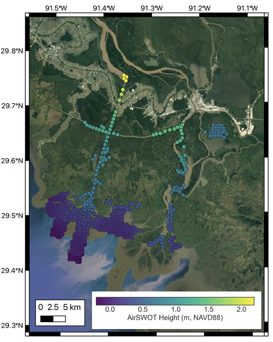  AirSWOT L3 water surface elevations collected on April 1, 2021 over the Atchafalaya Basin. Each point is colored based on its elevation with respect to the NAVD88 vertical datum (GEOID12B), as shown in the colorbar.