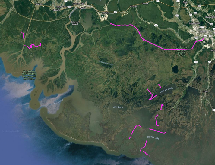 Map of boat survey areas during the Fall 2021 Delta-X campaign.