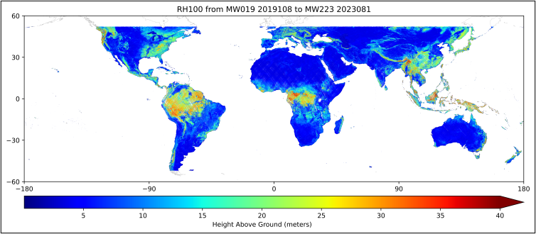 Level 3 estimated canopy height conveyed through a heat map where cooler colors are shorter canopies and warmer colors are taller canopies.