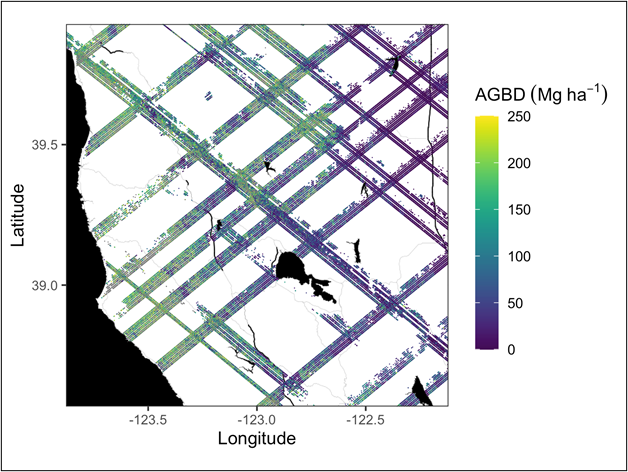 Example subset of aboveground biomass density (AGBD; Mg ha-1) predictions from the GEDI Level-4A footprint product over Northern California, U.S., spanning April to July 2019. GEDI footprints are spaced 60m along-track and 600m across-track.