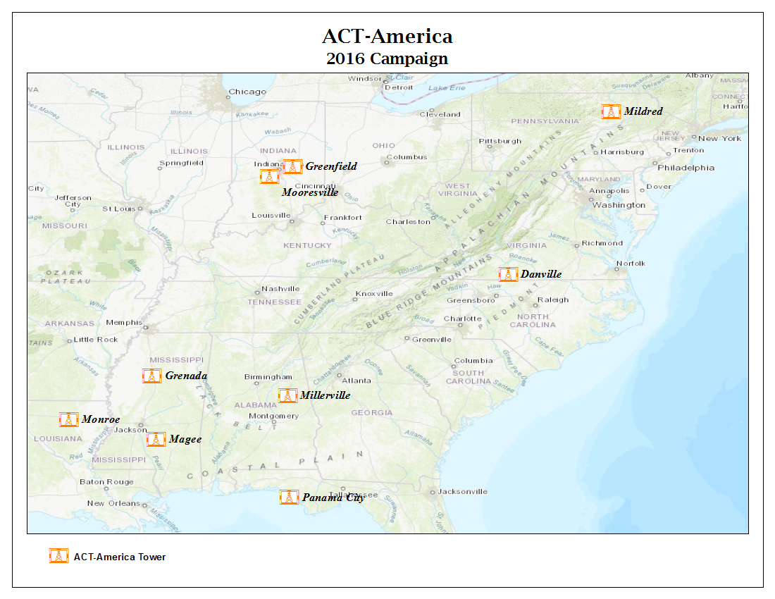 A map showing locations of ACT-America towers