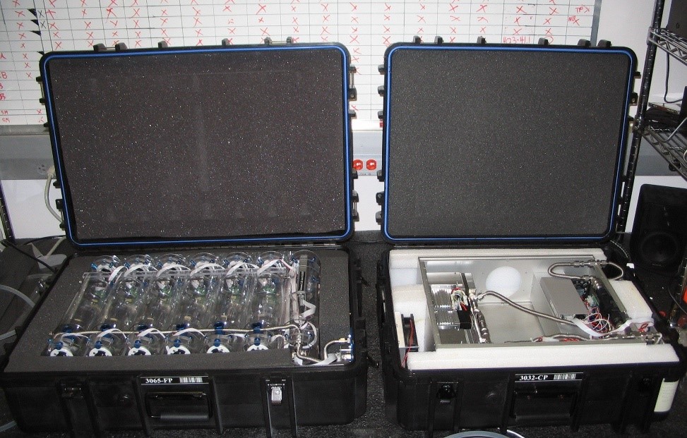 Flask sampling system for aircraft measurements. Left: Programmable Flash Package (PFP) containing 12 flasks. Right: Programmable Compressor Package (PCP) containing pumps for pressurizing the flasks. (Image courtesy: http://www.esrl.noaa.gov/gmd/ccgg/aircraft/sampling.html)